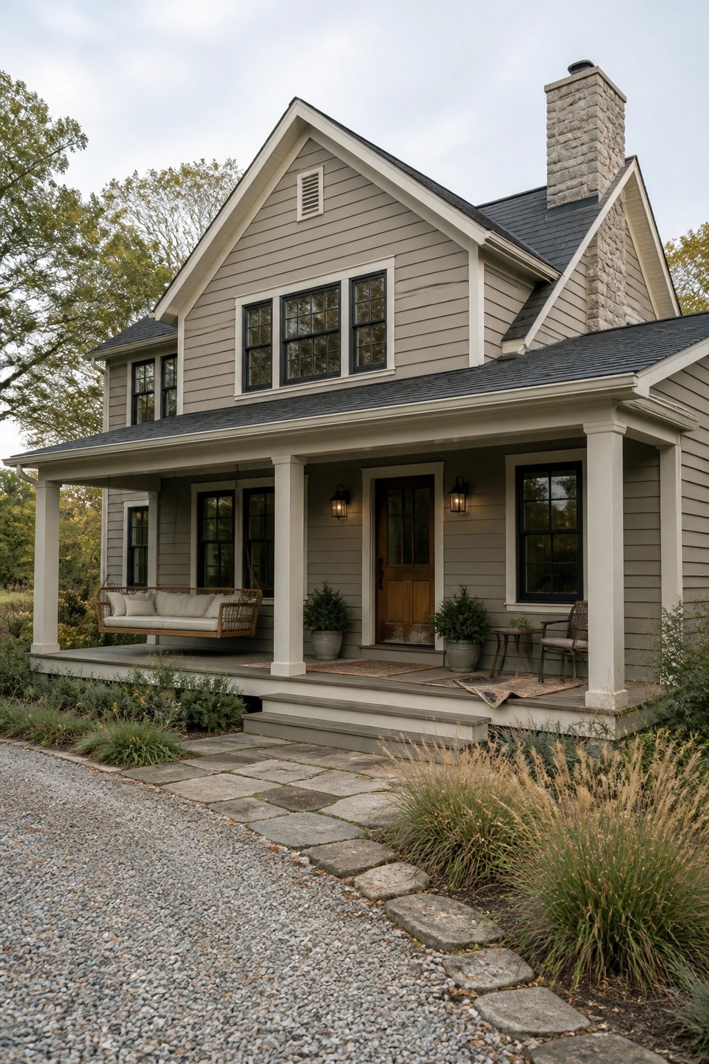 Gray two-story house with porch swing, stone chimney, and gravel path.