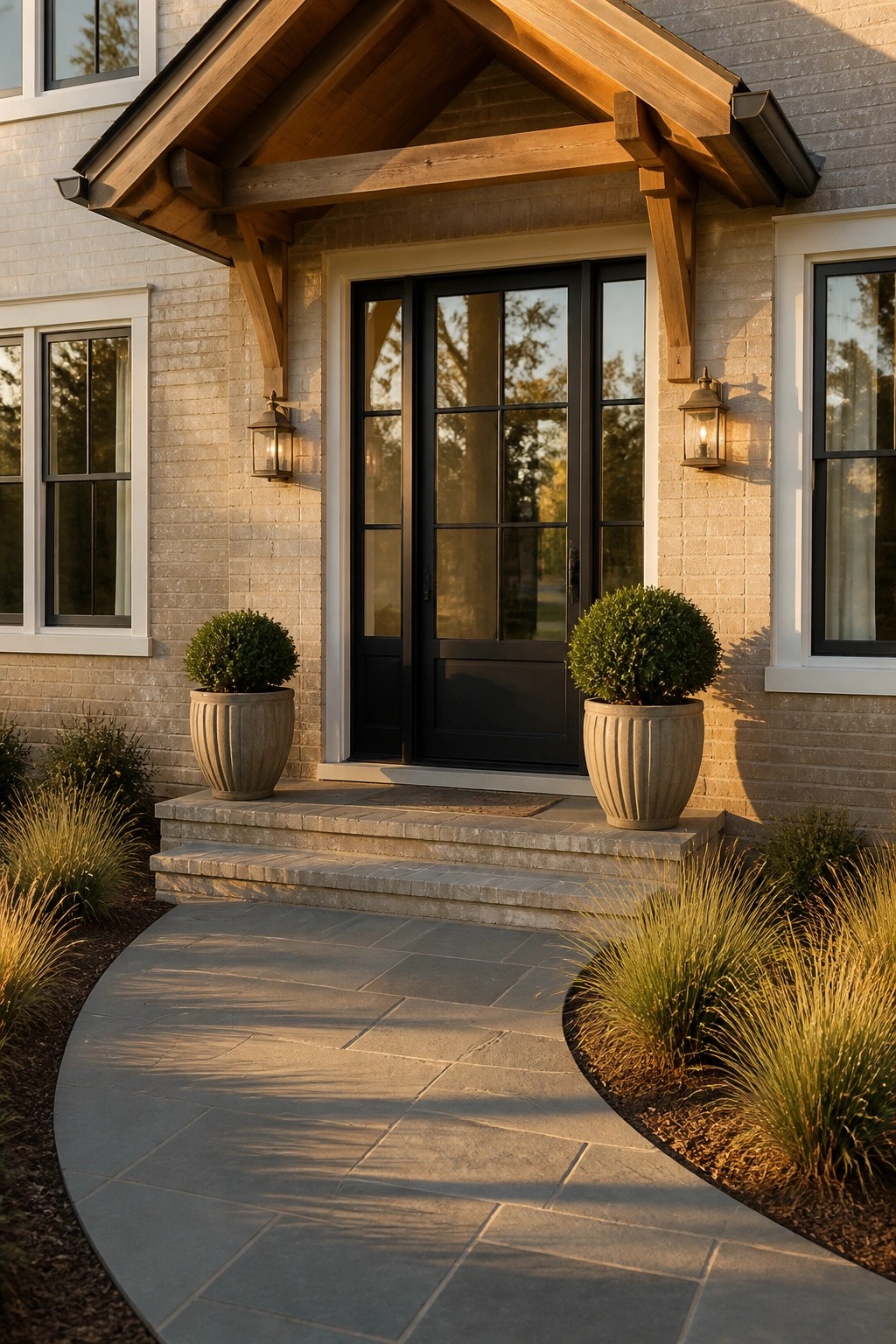 A modern farmhouse exterior with light warm gray brick siding.