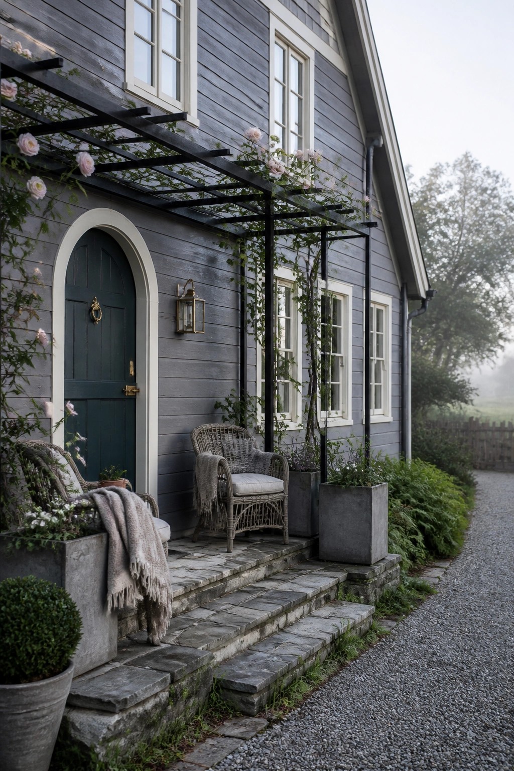 Gray blue siding on a farmhouse exterior with stone steps and white trim.