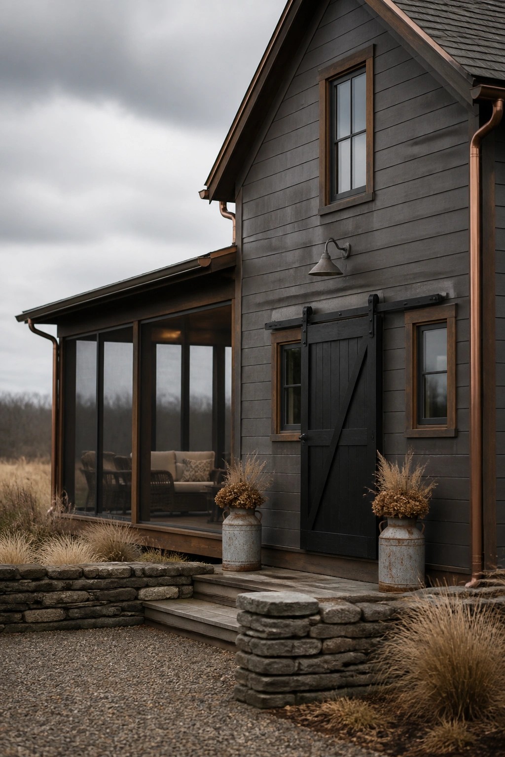 Dark gray house with black barn door, stone steps, and dried grass planters.