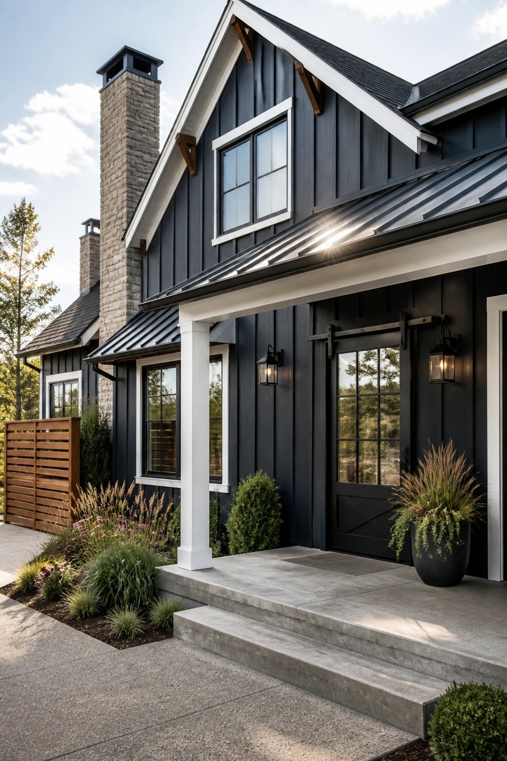 A modern farmhouse exterior with dark charcoal siding and white trim.