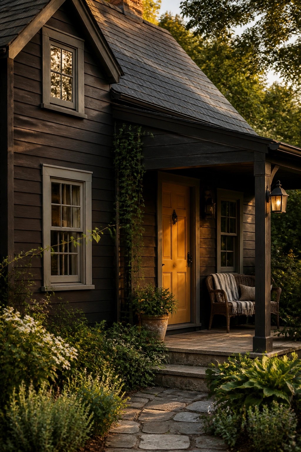 Dark charcoal gray wood siding on a farmhouse exterior with a yellow door and stone path.