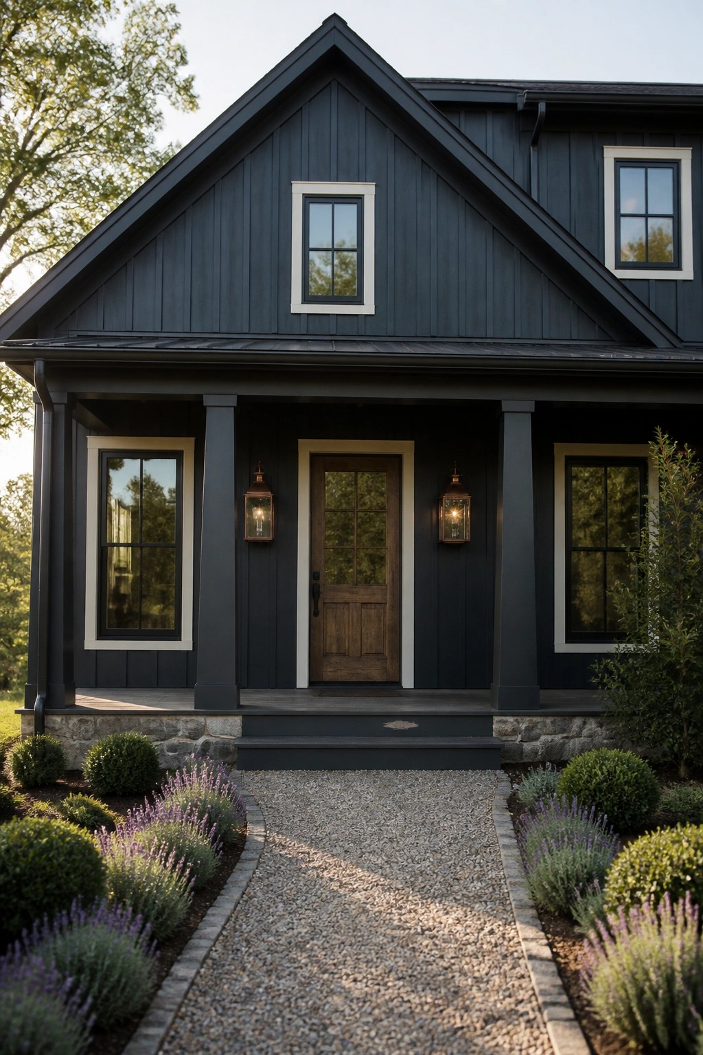 Dark gray house with porch, wooden door, lanterns, and lavender-lined gravel path.