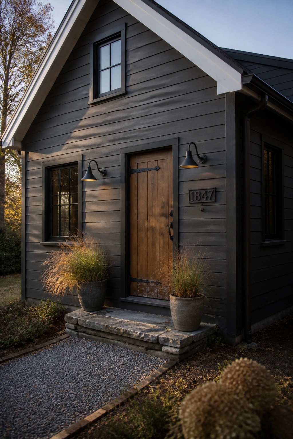 Dark gray siding on a modern farmhouse exterior with a wooden door.