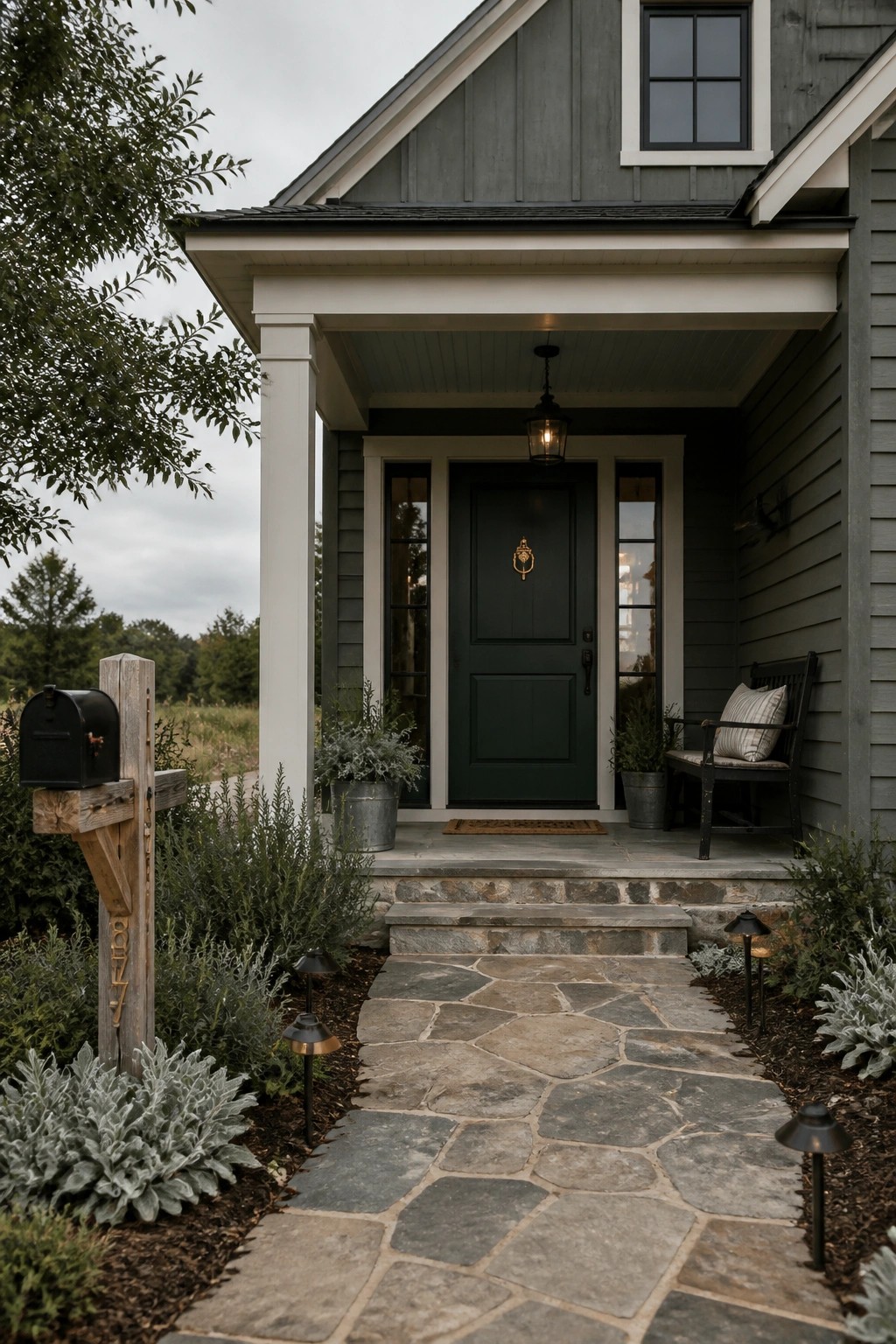 A farmhouse exterior with dark green-gray siding and a stone front path.