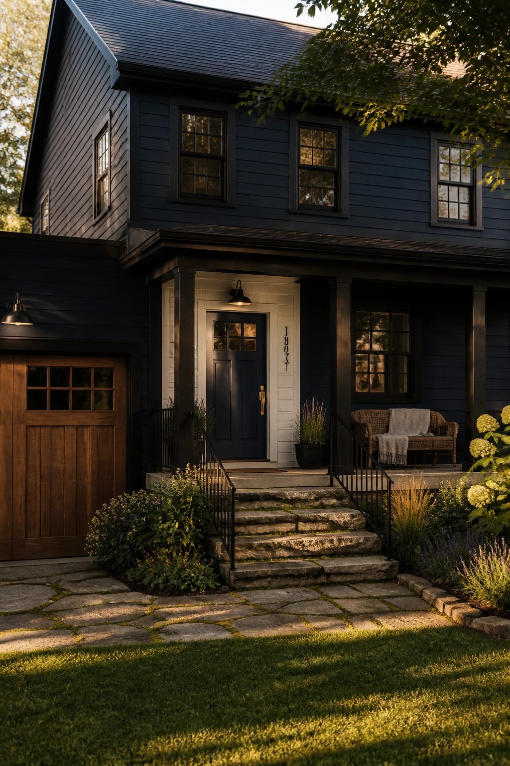 Dark navy blue siding on a two-story farmhouse exterior.