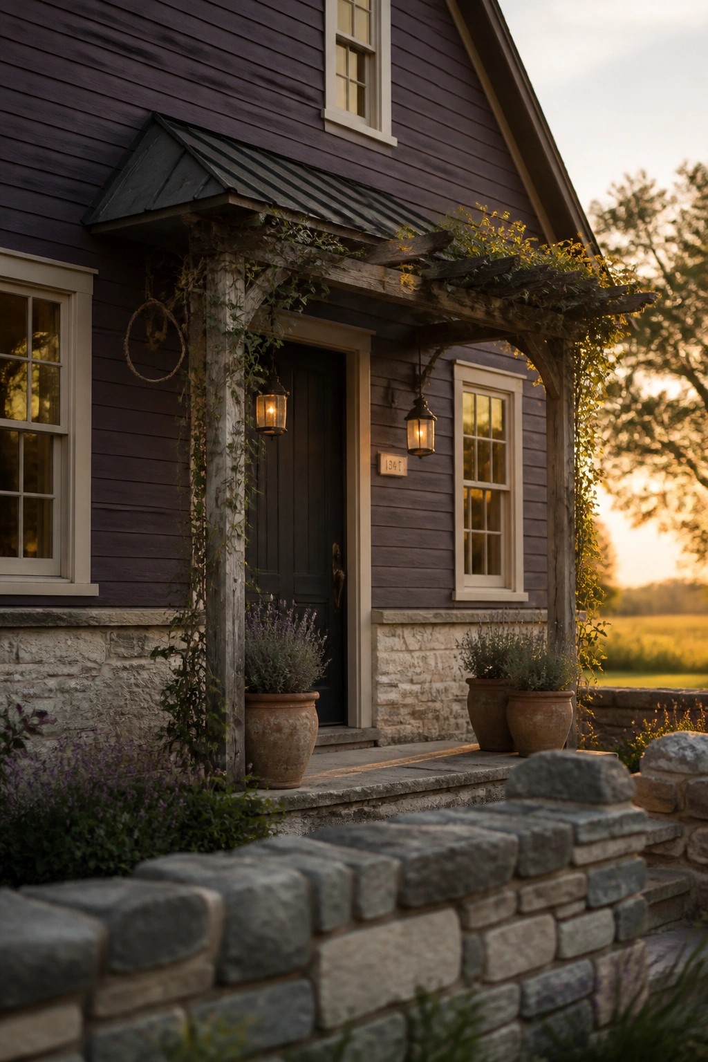 A farmhouse exterior with deep purple siding and a stone foundation.