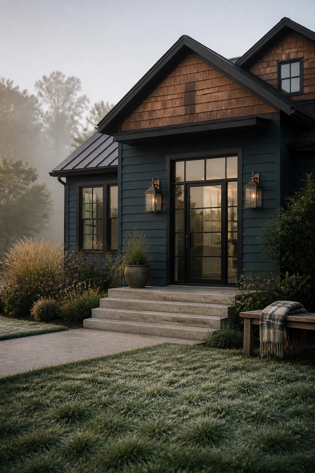 A house with deep blue gray siding and a front entrance.