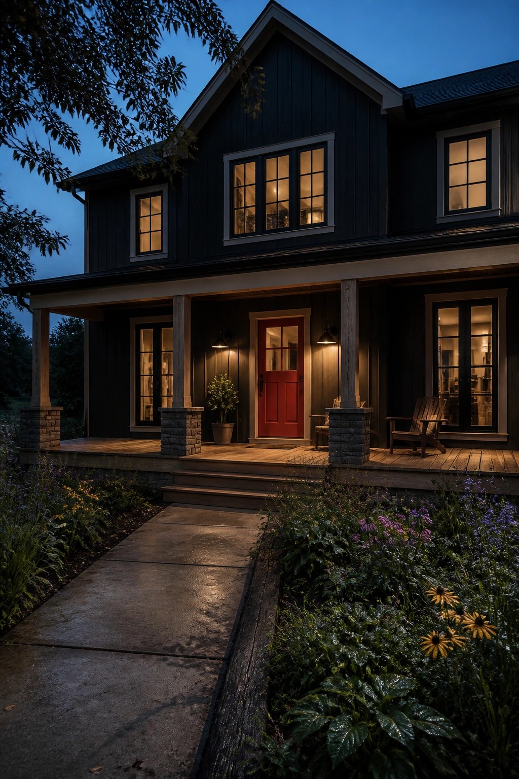 A two-story farmhouse with dark charcoal siding and a wooden front porch.