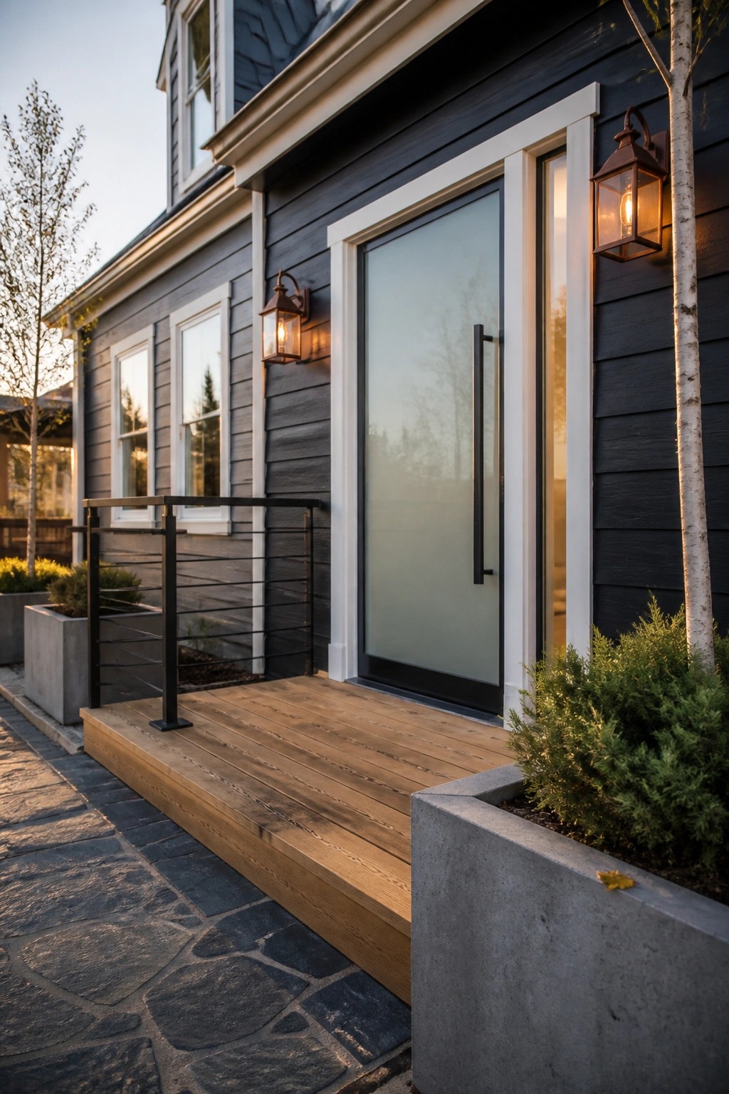 Dark charcoal gray siding on a modern farmhouse exterior with white trim.