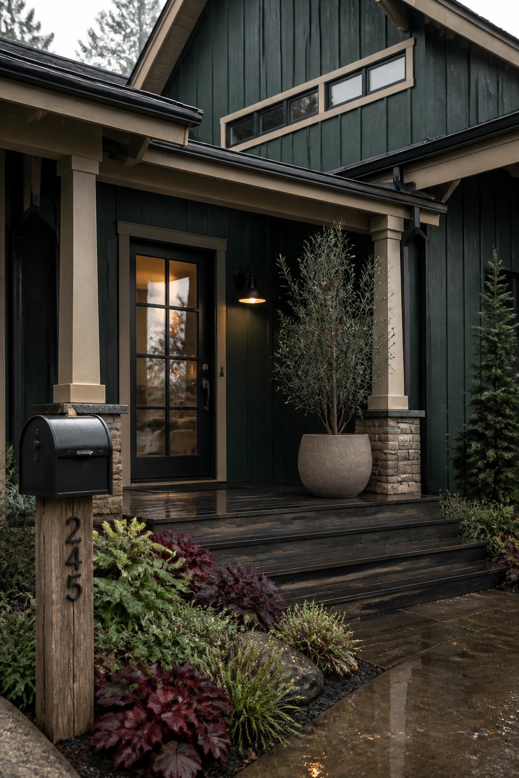 Dark green siding on a modern farmhouse exterior with stone accents.