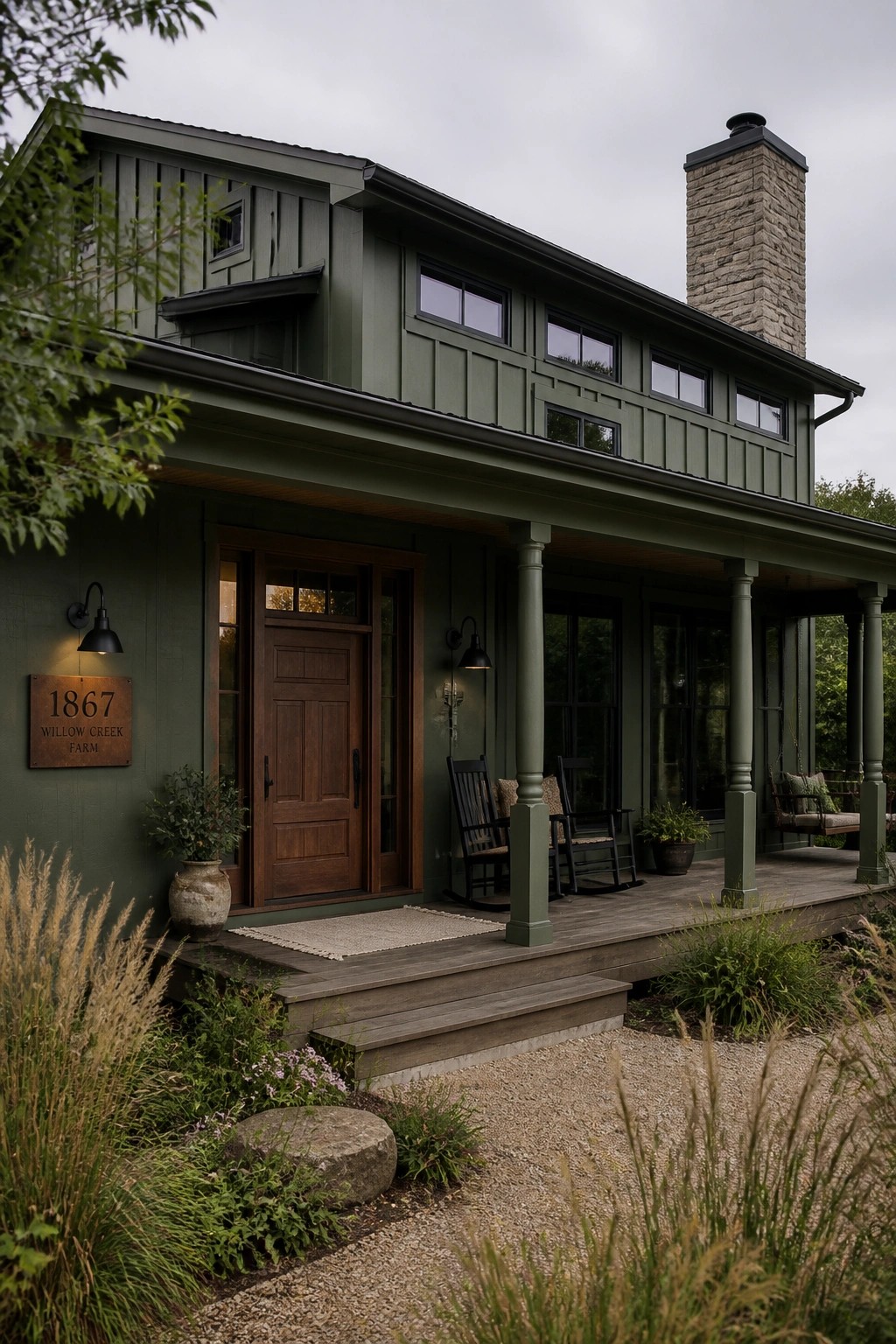 A two-story farmhouse with deep green siding and a covered porch.
