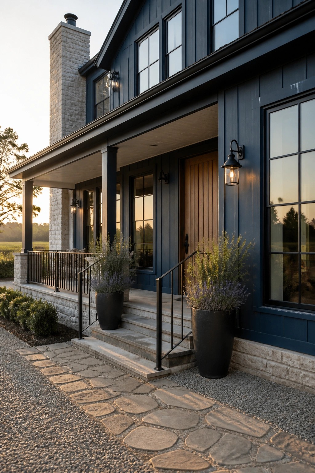 Farmhouse exterior with deep navy blue siding and stone foundation.