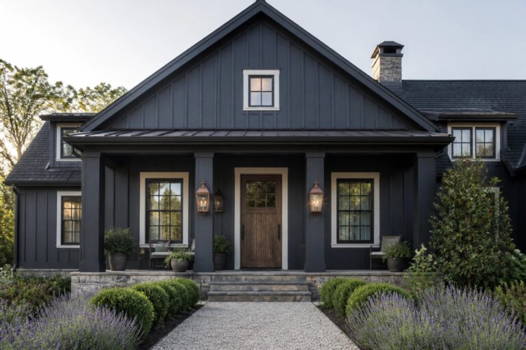 20 Moody Farmhouse Exterior Colors for a Dramatic Modern Finish Dark gray house with porch, wooden door, lanterns, and lavender-lined gravel path.