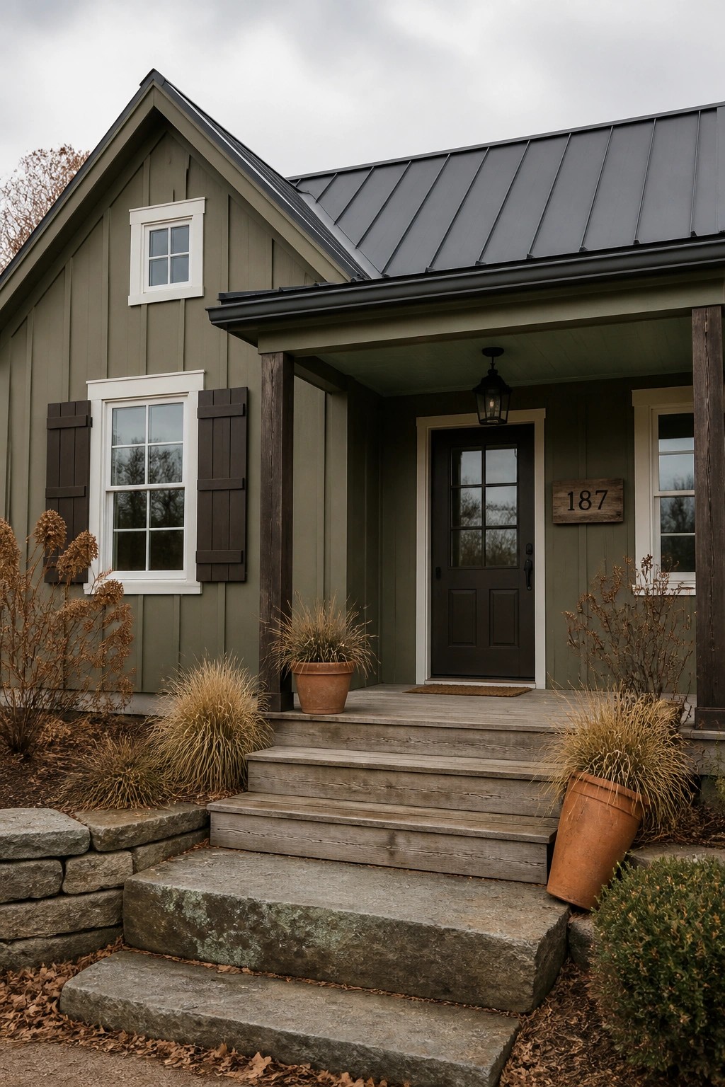 A house exterior painted in muted sage green siding.