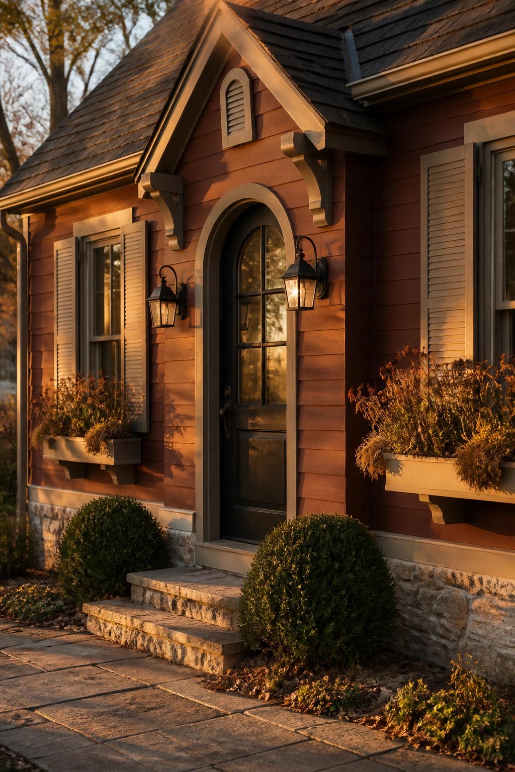 Terracotta red brown siding on a farmhouse exterior with stone foundation.