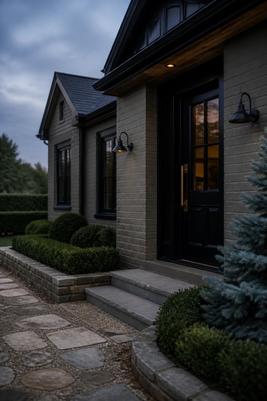 Painted warm gray brick siding on a modern farmhouse exterior.