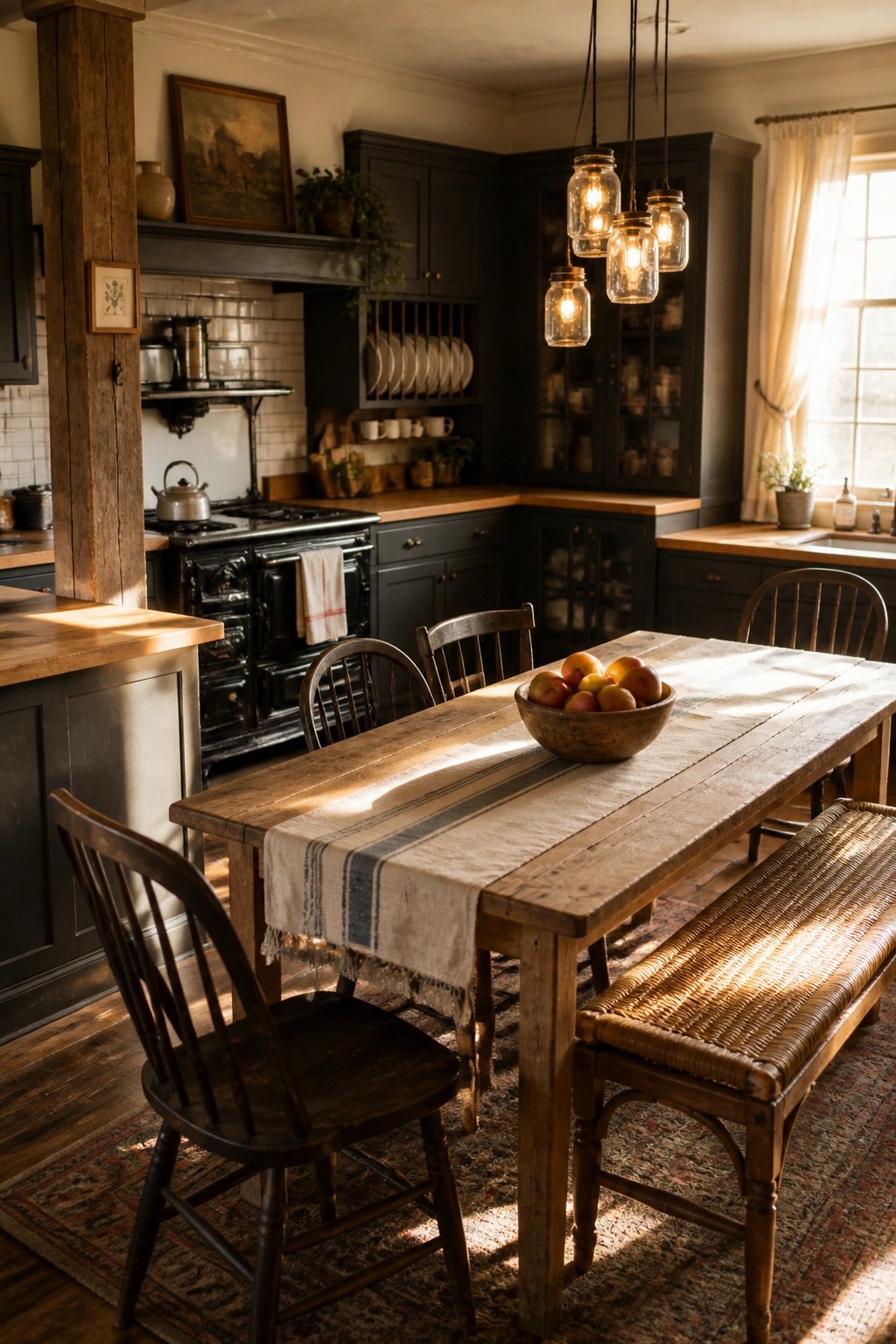 A rustic kitchen interior with dark cabinets, a black vintage stove, and a long wooden dining table set with a striped runner and bowl of apples, surrounded by mixed wooden chairs and a woven bench.