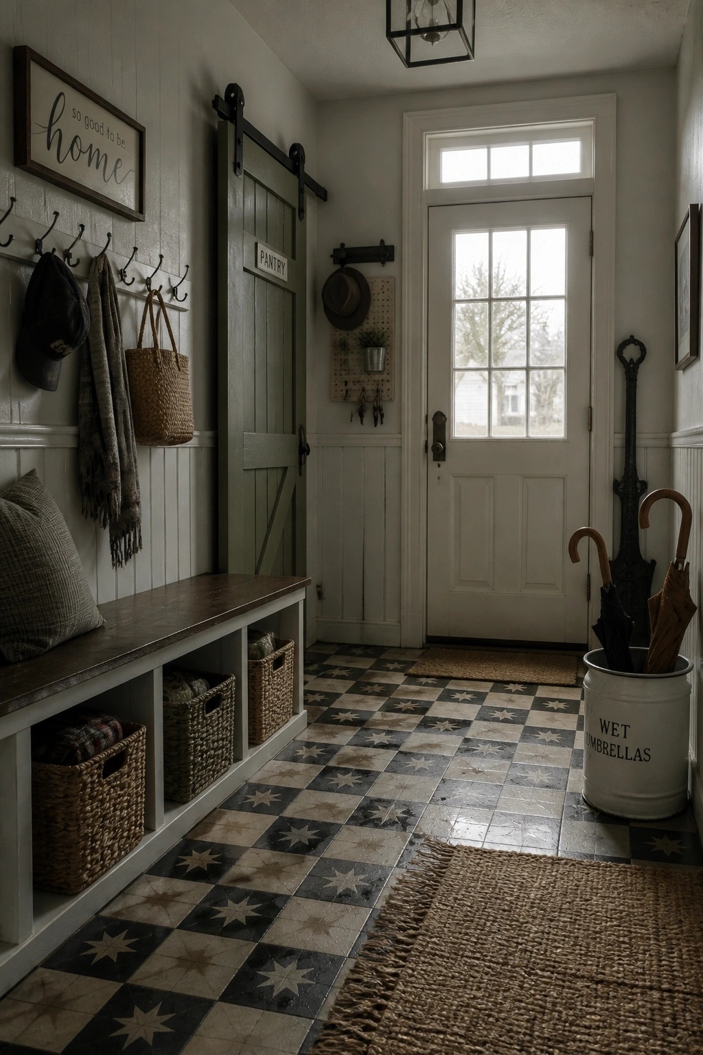 Interior view of a farmhouse entry with a green sliding barn door marked pantry, wall hooks, storage bench, checkered tile floor, and umbrella holder.