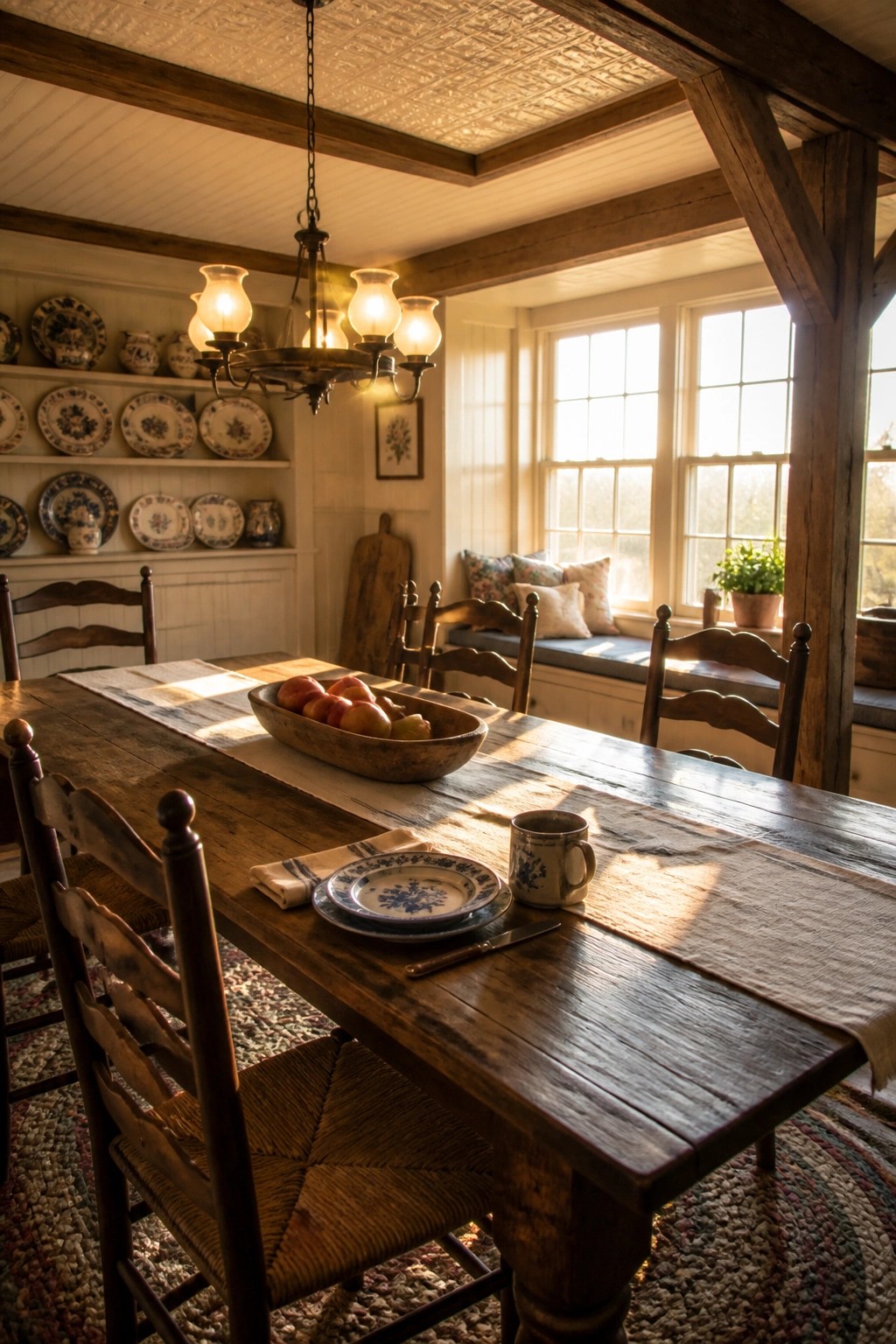 A wooden farmhouse dining table set with a bowl of fruit and a mug, positioned in front of a built-in window seat beneath large multi-paned windows.