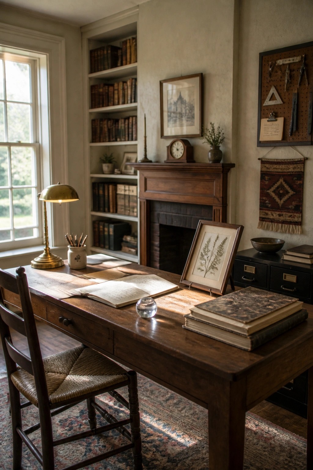 Sunlit wooden desk with open books, brass lamp, and antique study decor.