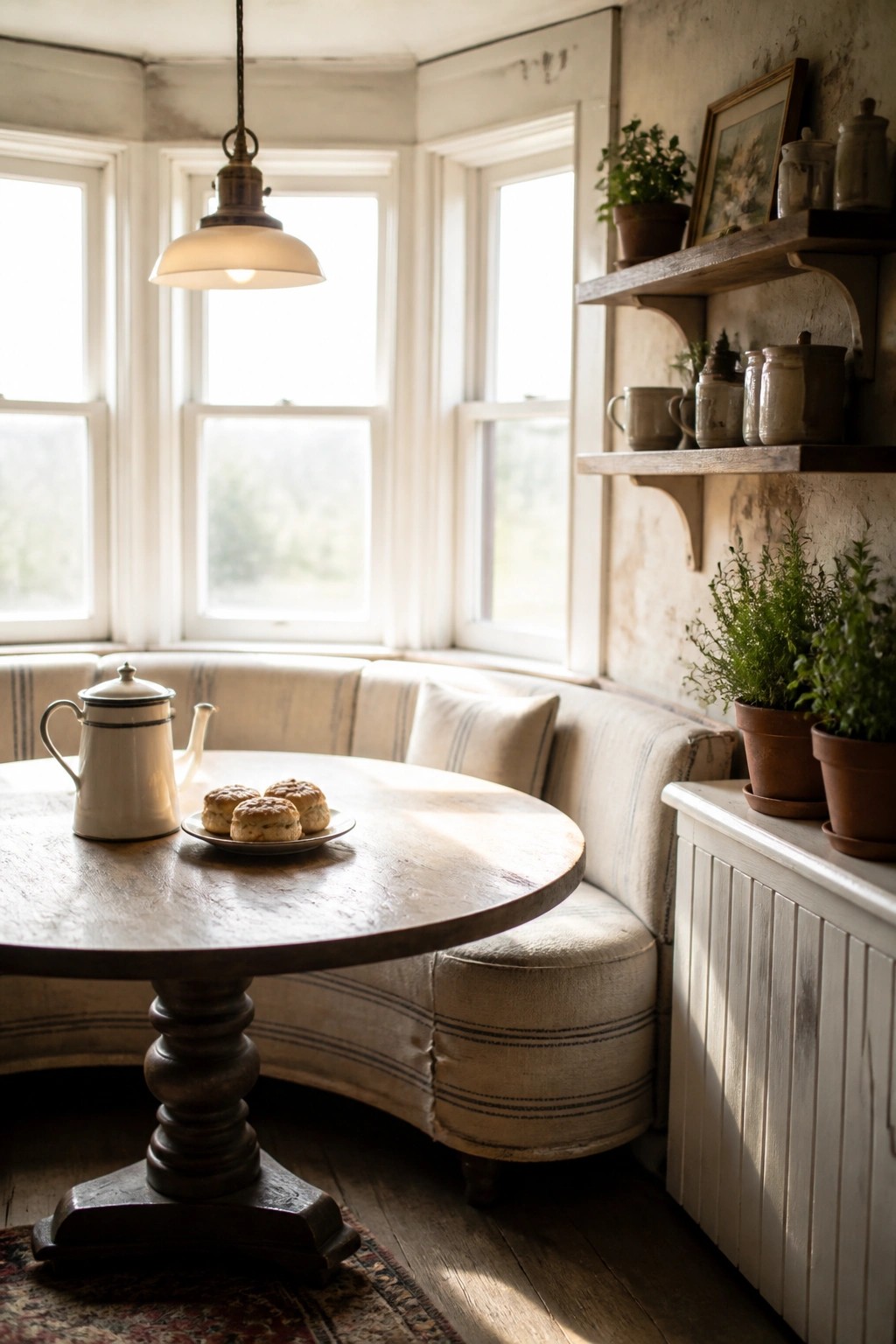 A round wooden table with a white teapot and plate of scones sits before a curved striped banquette beneath multiple windows, with two wooden wall shelves holding pottery and potted plants to the right.