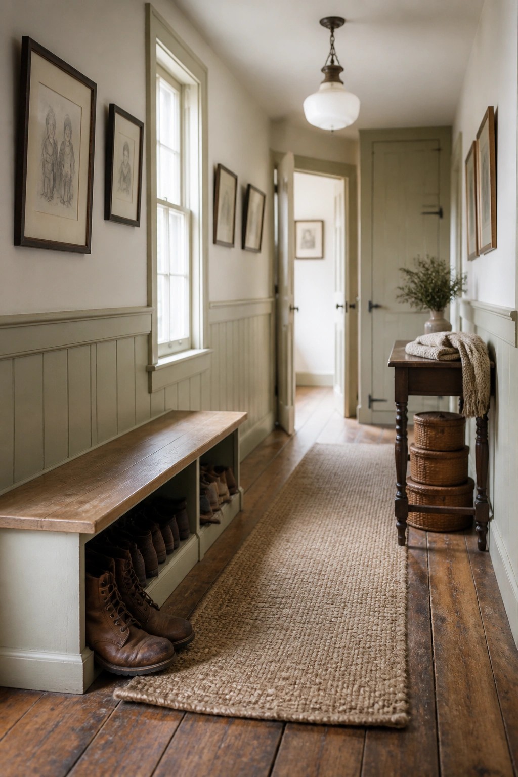A farmhouse hallway with a built-in wooden bench holding several pairs of brown boots, a woven runner on the floor, and framed drawings on the walls.