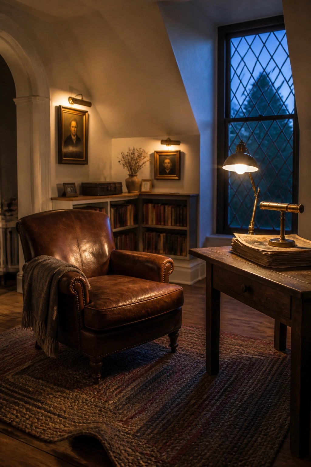 Leather armchair on rug near desk with lamp, bookshelves, and window in study.