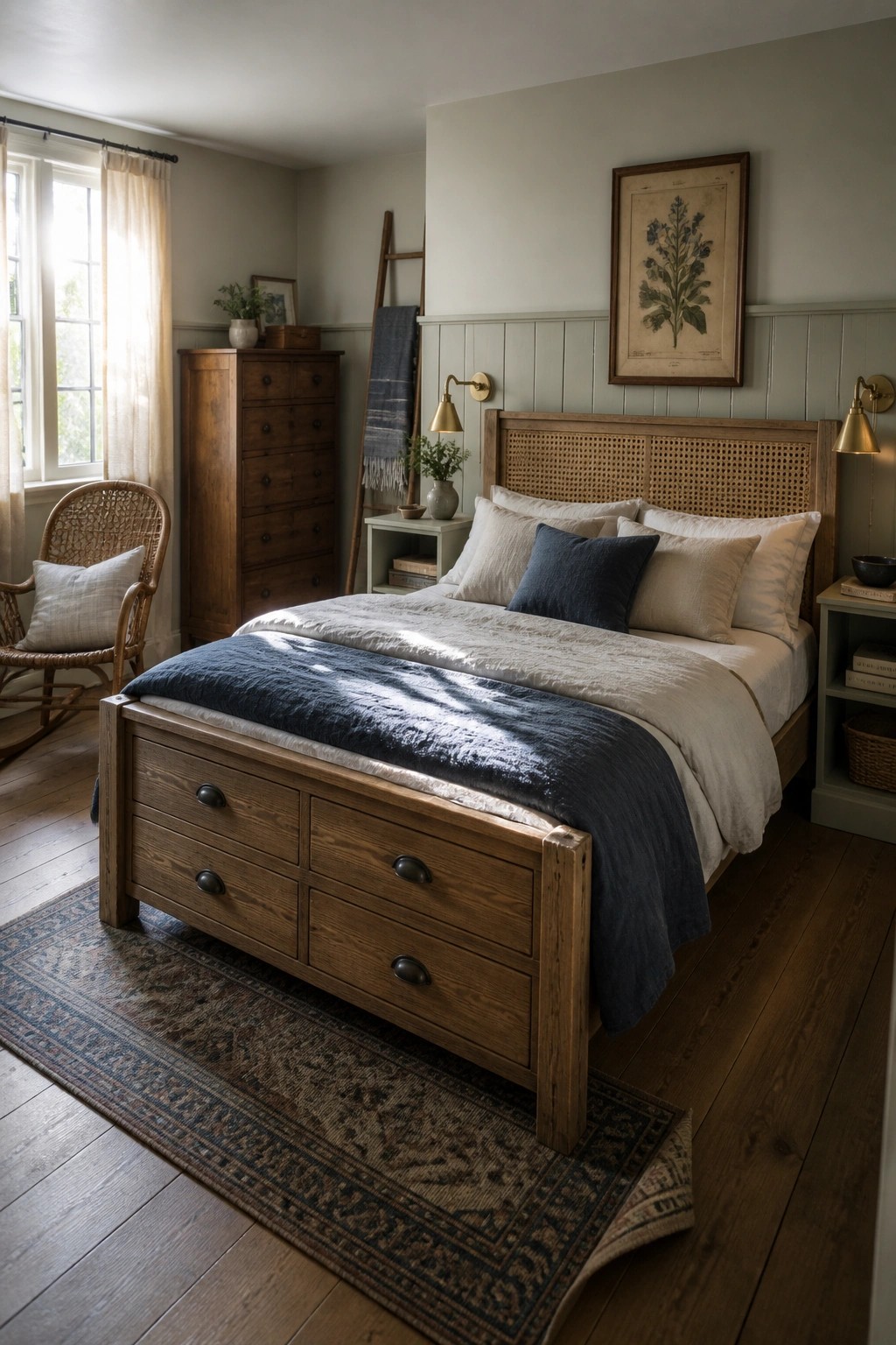 A bedroom with a wooden bed frame that has six drawers built into the base and a woven cane headboard.