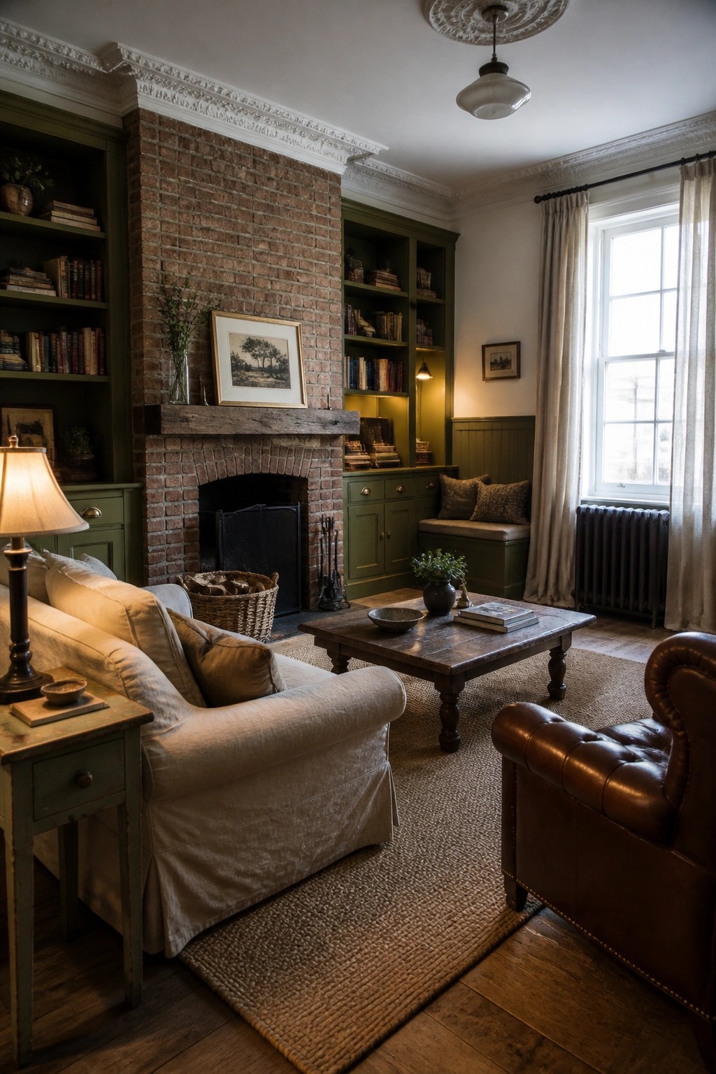 Cozy living room with brick fireplace, green bookshelves, white sofa, and leather armchair