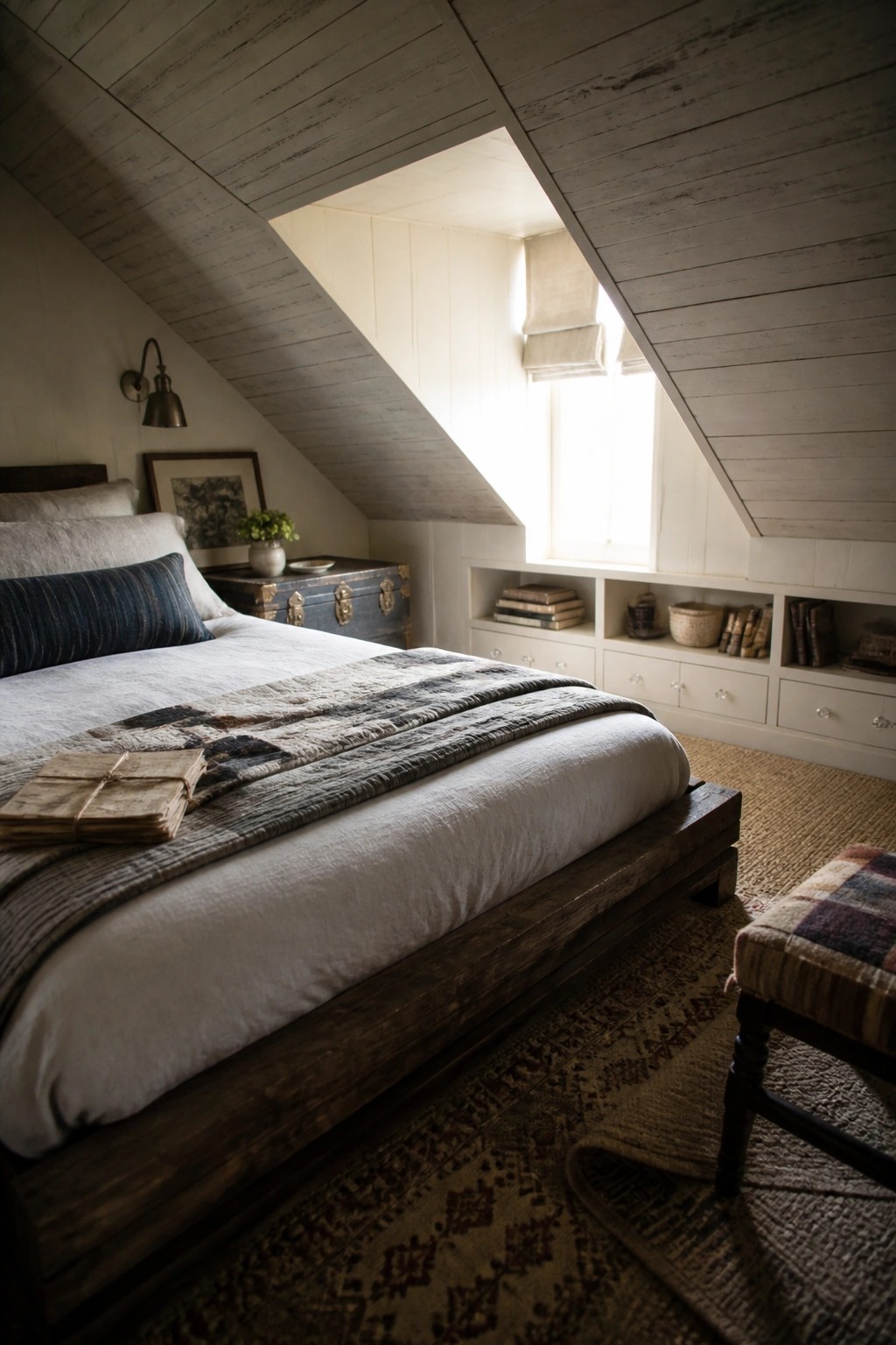 A bedroom with a wooden bed, white built-in storage with drawers and shelves along sloped walls, and a window with a rolled blind.