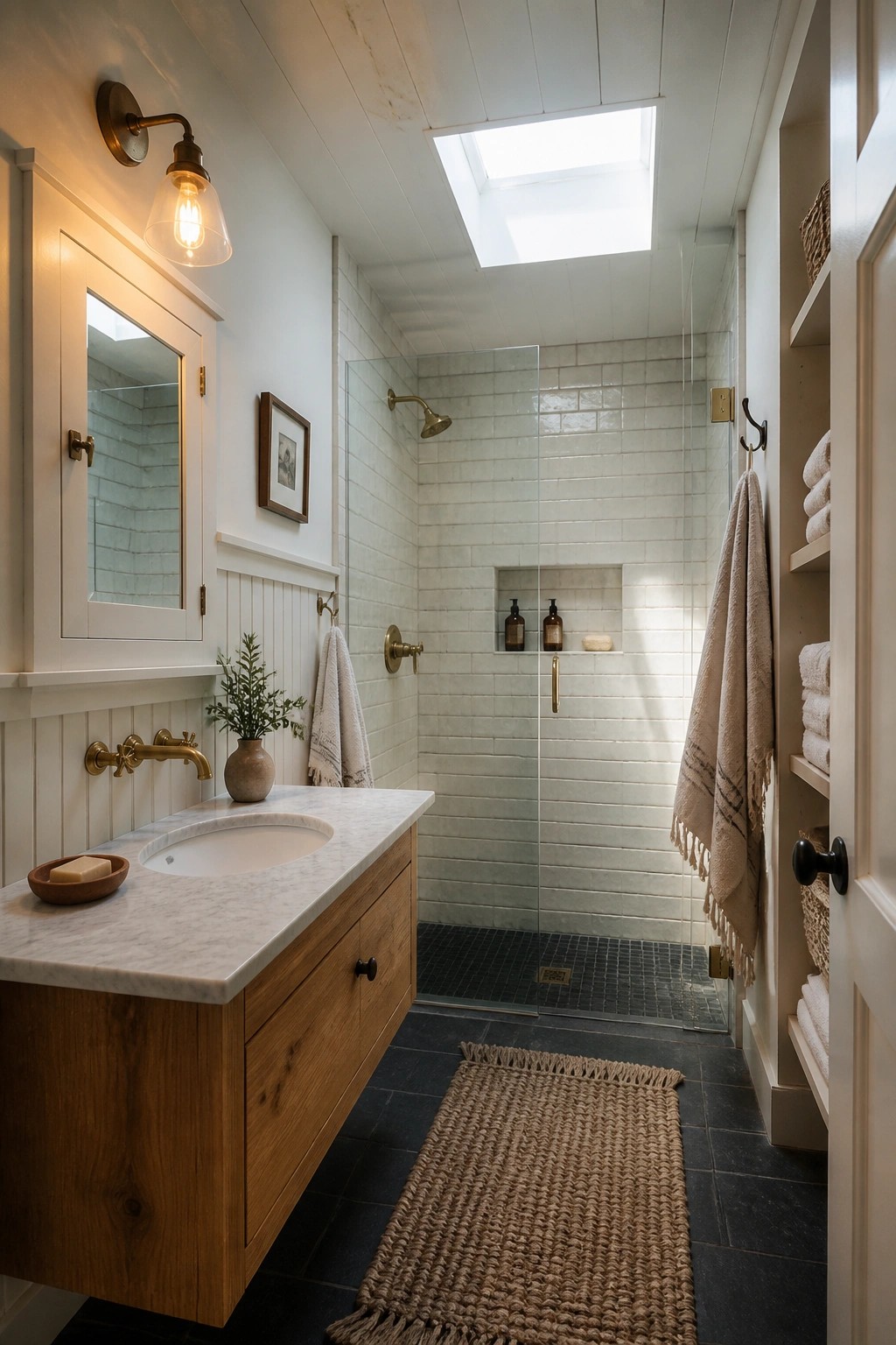 A narrow bathroom with white beadboard wainscoting, a floating wood vanity topped with marble, brass fixtures, and a glass shower with light subway tile.