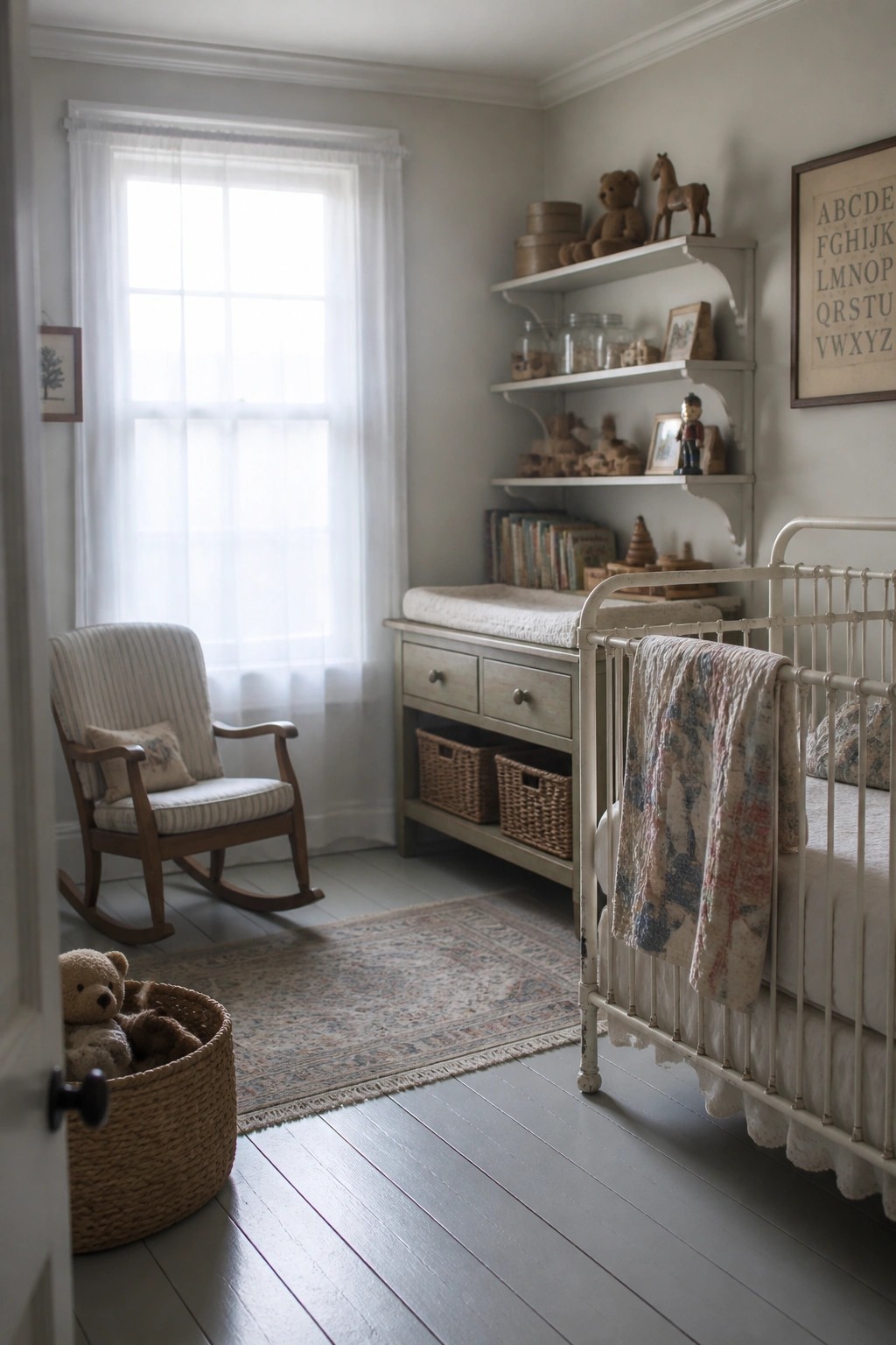 A light-filled nursery with white open shelves holding toys and books above a distressed dresser, a white iron crib on the right, a wooden rocking chair near the window, and a woven basket of teddy bears on the floor.