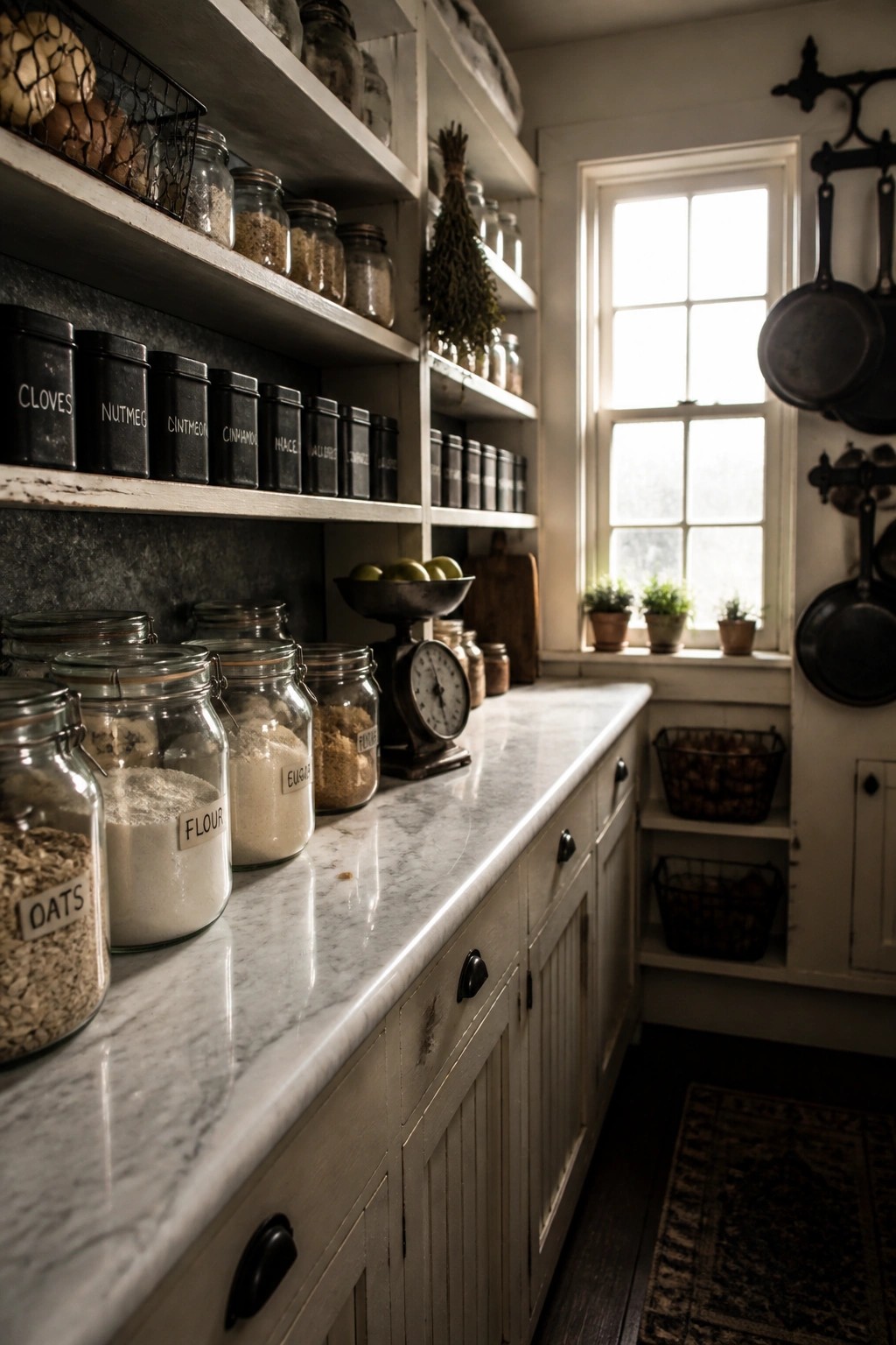 A kitchen interior with white open shelves holding rows of glass jars and black labeled canisters above a marble countertop.