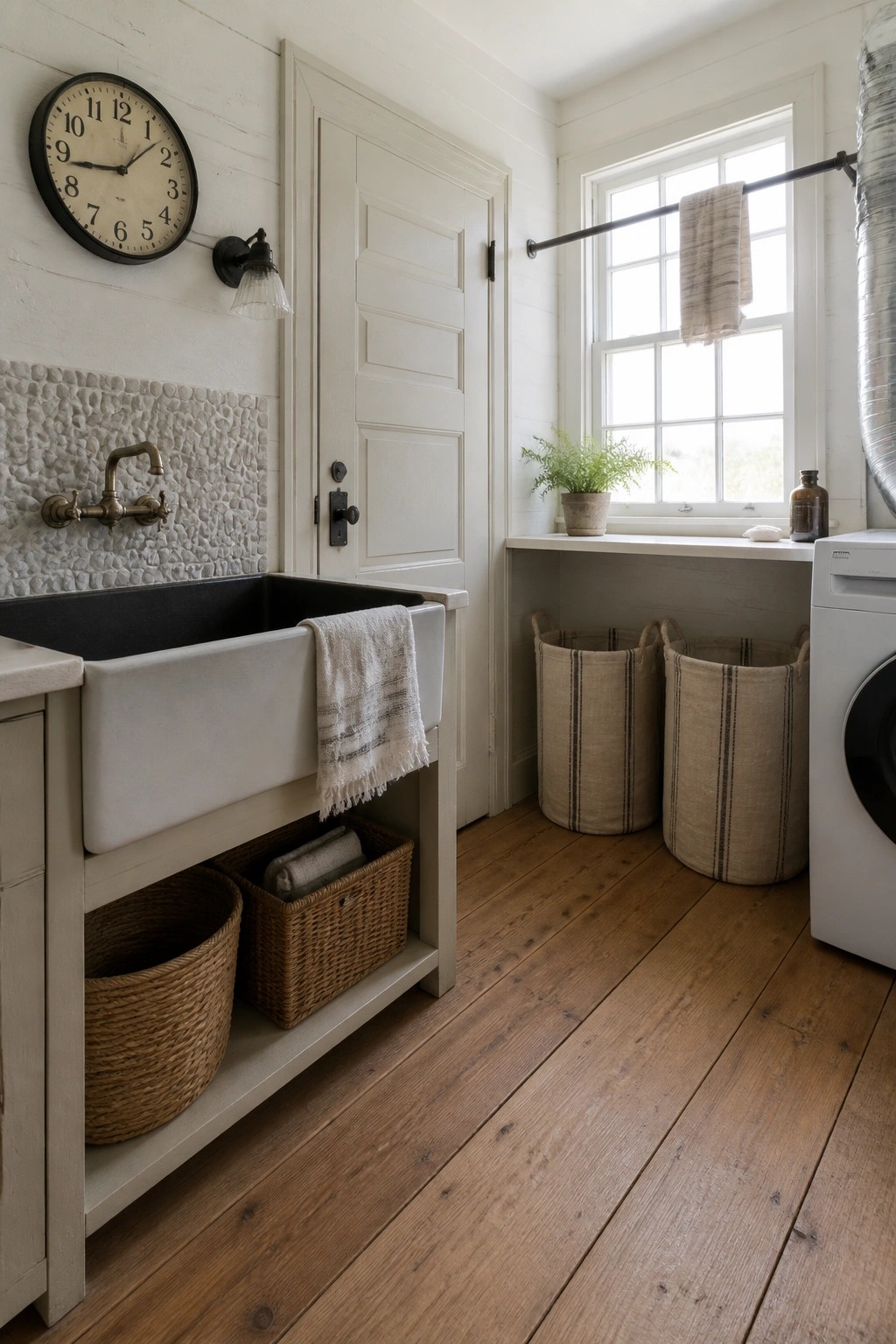 Farmhouse laundry room with white sink, wooden floor, baskets, and washing machine