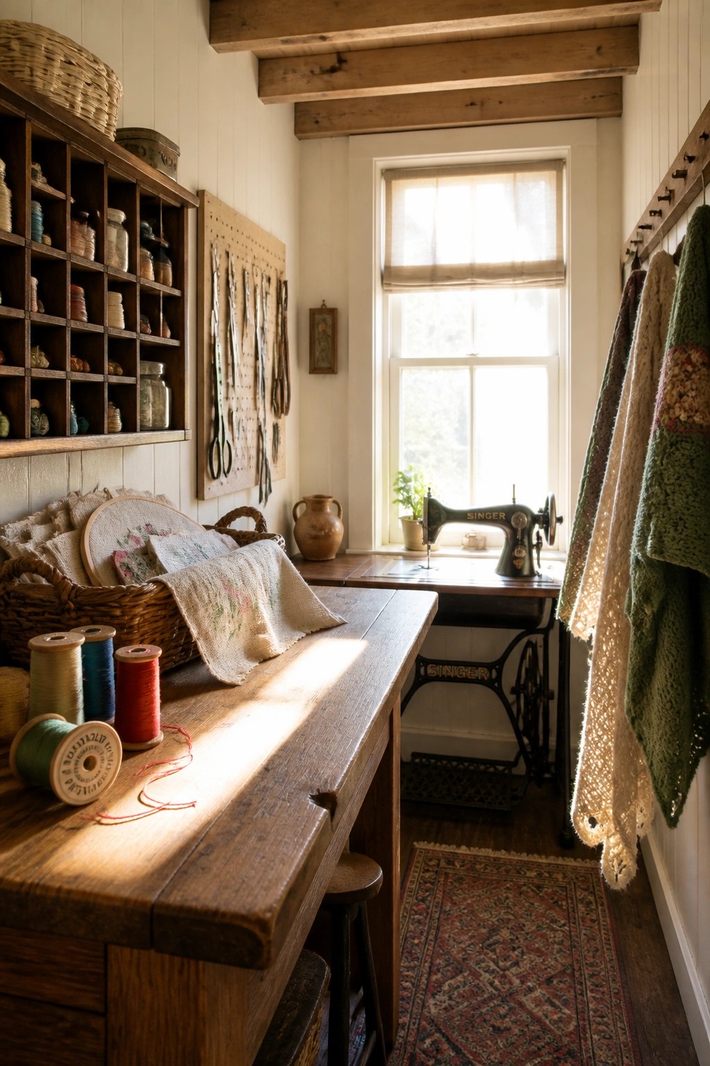 Sunlit rustic sewing room with thread spools, embroidery basket, vintage Singer machine, and hanging sweaters.