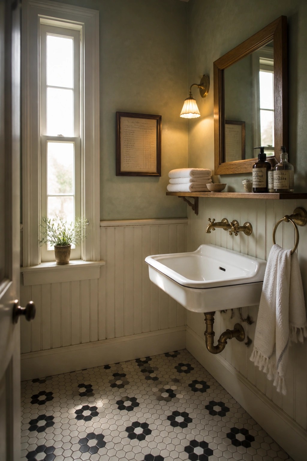 Vintage bathroom with white sink, brass fixtures, hex tile floor, and green walls