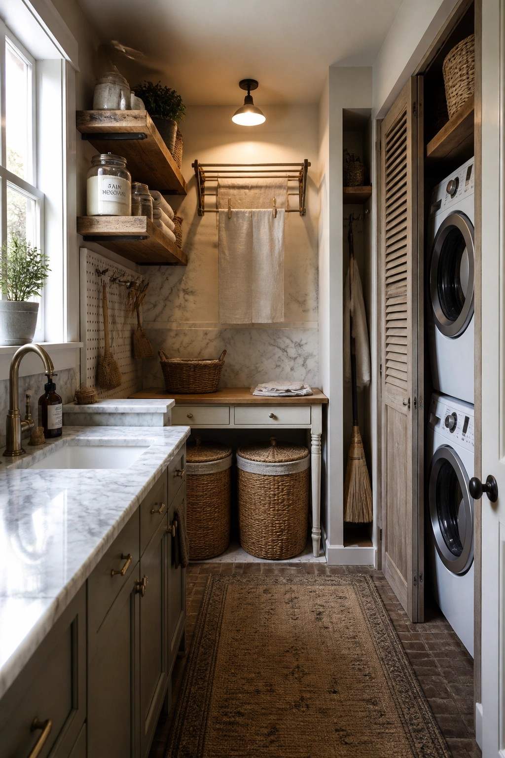 Rustic laundry room with marble sink, woven baskets, drying rack, and stacked washer-dryer.