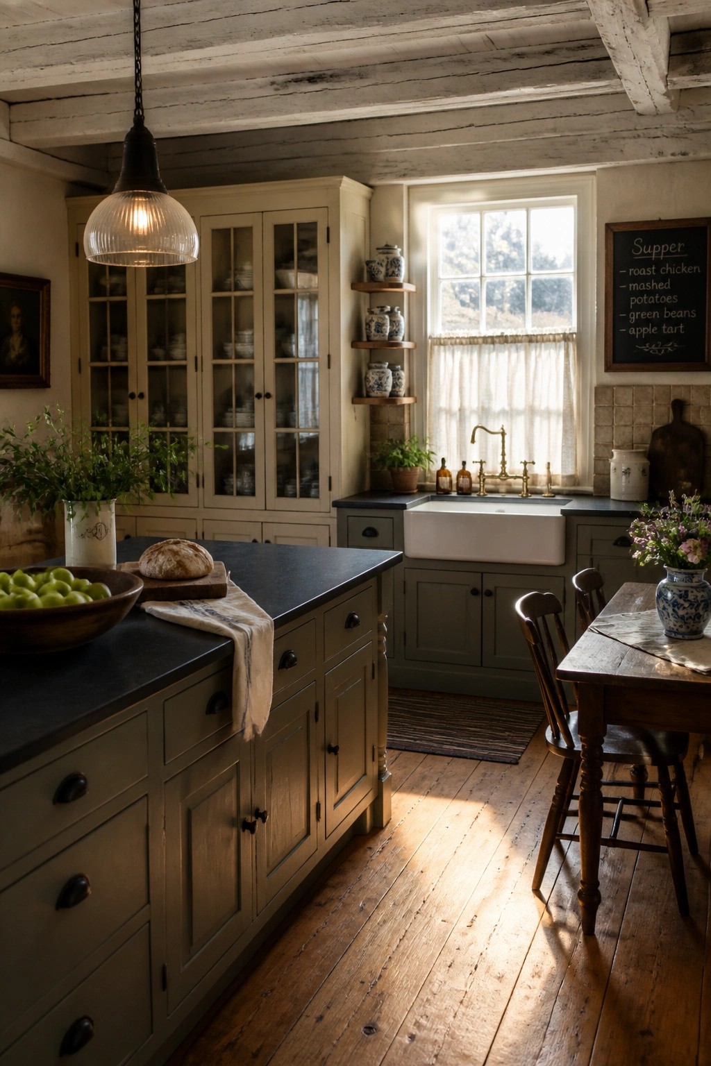 A rustic farmhouse kitchen with cream upper cabinets, sage green base cabinets, a dark countertop island, a white farmhouse sink, and wooden floors.