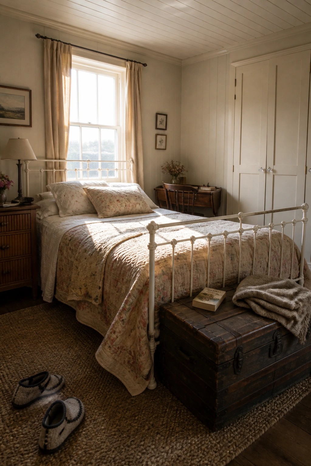 A sunlit bedroom with a white metal bed frame, floral quilt, and a large wooden trunk placed at the foot of the bed on a braided rug.