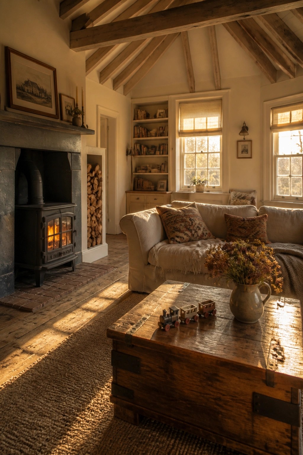 Cozy living room with fireplace, sofa, wooden beams, and sunlit coffee table