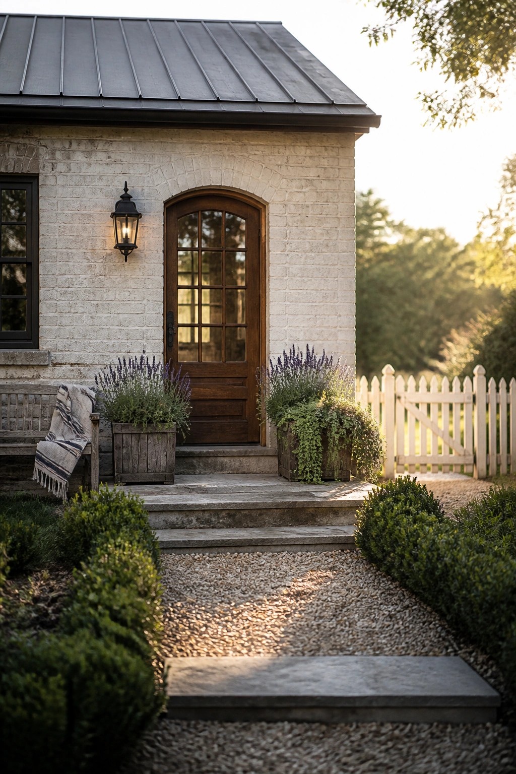 Front view of a small white brick house with a dark metal roof, an arched wooden door with glass panes, stone steps, and wooden planters with lavender beside a gravel path.