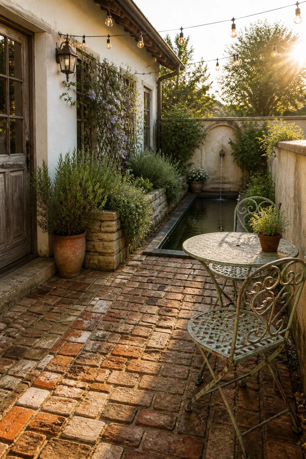 A brick-paved courtyard with a metal bistro table and chairs beside a narrow water channel that runs along the side of a house toward a small wall fountain, with string lights overhead.
