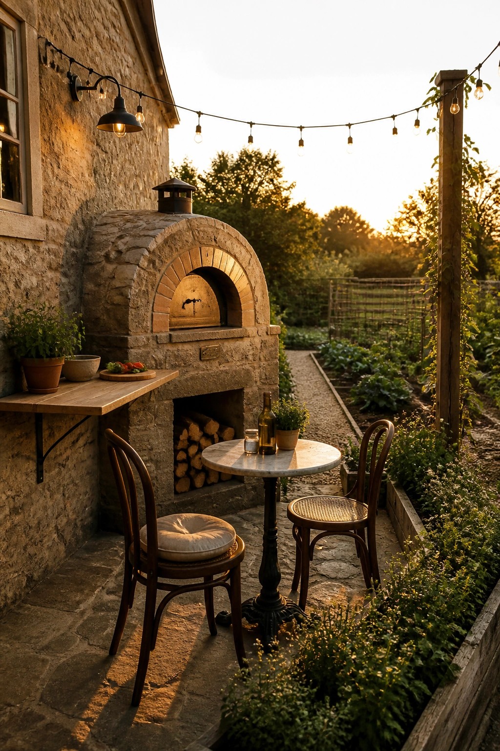 A stone pizza oven attached to a farmhouse wall with a round marble table and two wooden chairs on a stone patio next to garden beds and string lights.