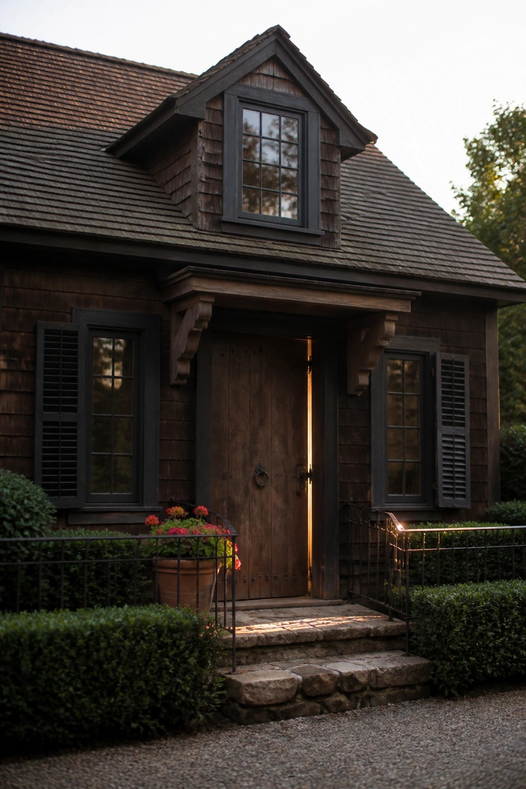 Dark wooden house with open door, stone steps, potted flowers, and shuttered windows.