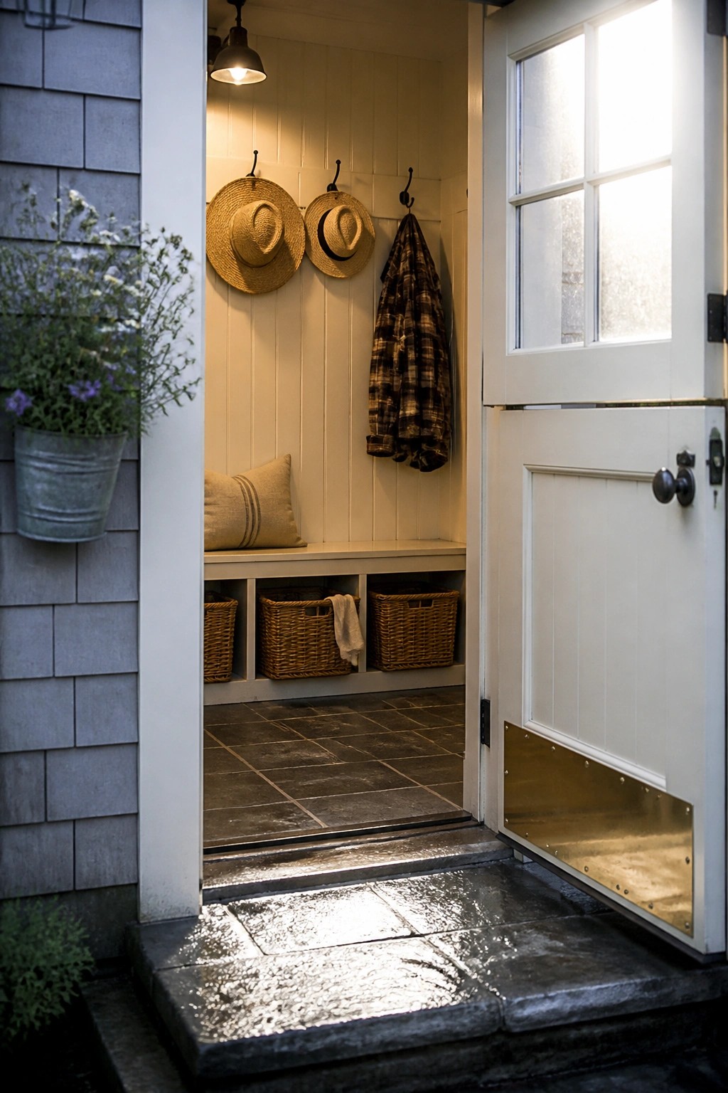 An open white door reveals a small entry nook with a built-in bench, wall hooks holding hats and a plaid shirt, and woven baskets stored beneath the bench.