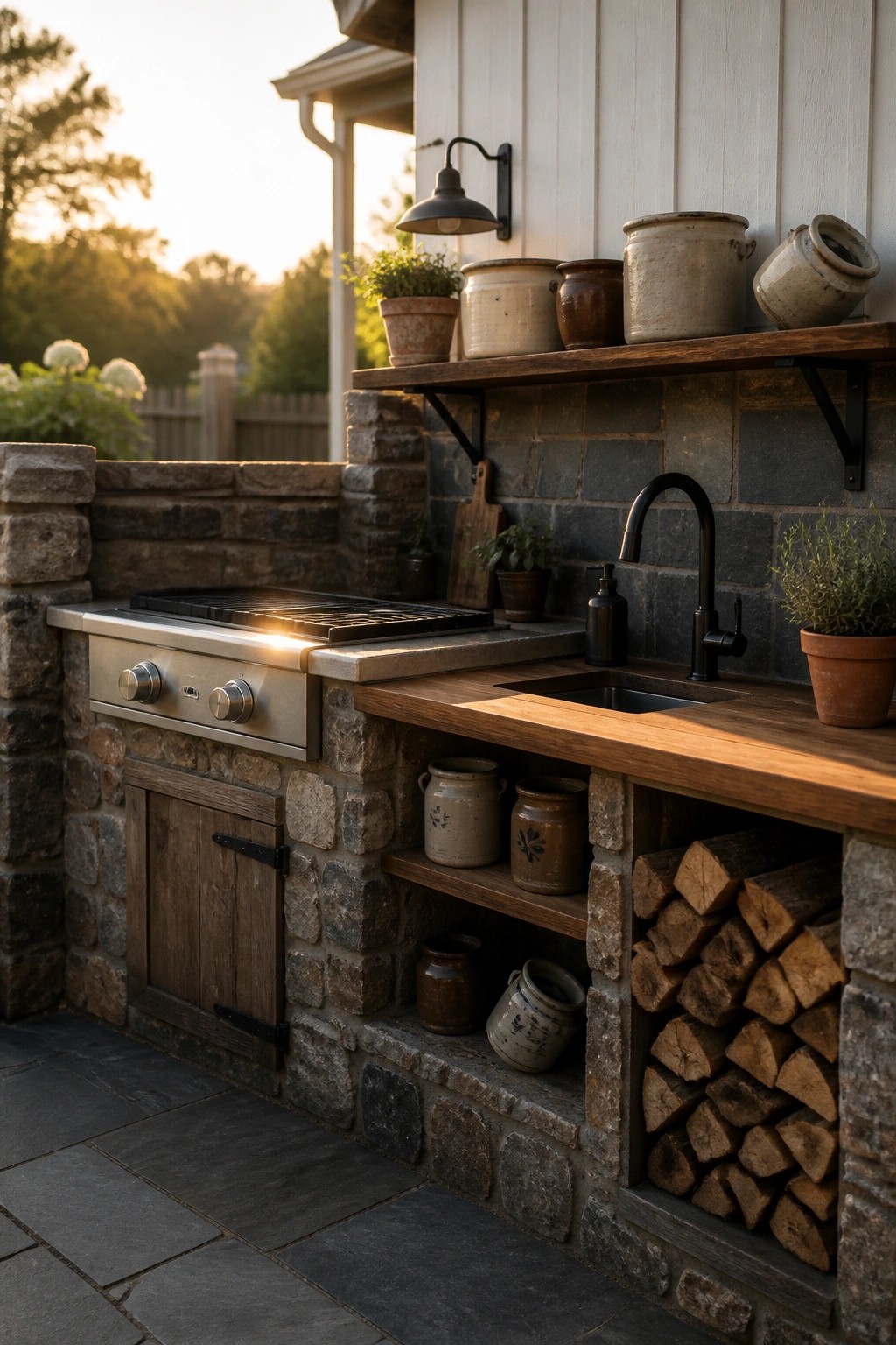 An outdoor kitchen area with a stone base, wooden countertop and shelves, a built-in grill, sink, and stacked firewood.