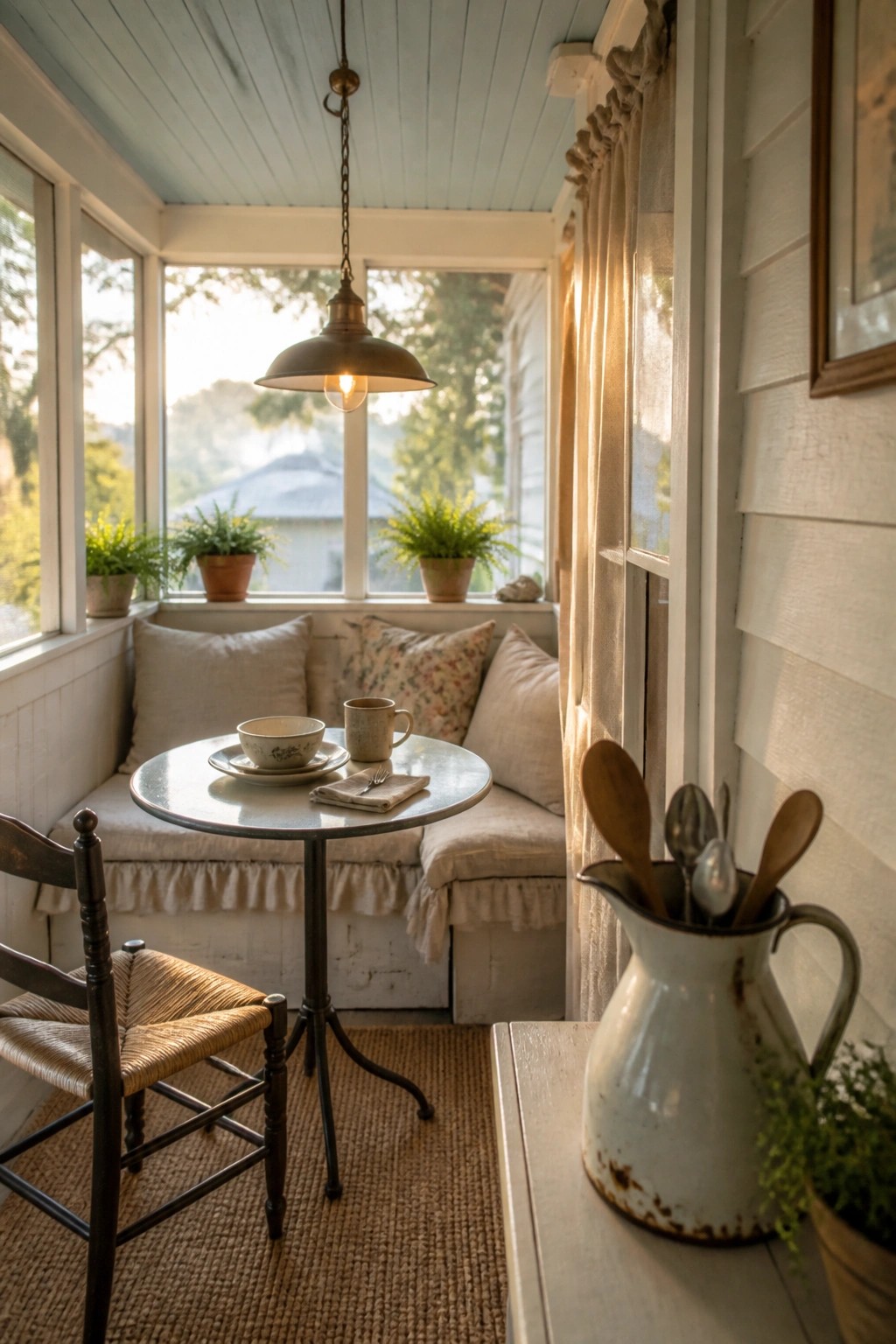A round metal table with two mugs and a small plate sits in front of a cushioned bench under multiple windows in a bright room with a wooden chair pulled up nearby.