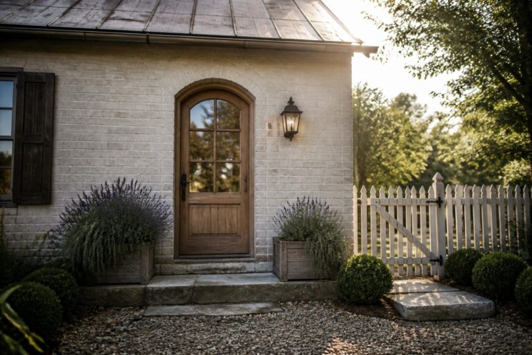 19 Quaint Small Old Farmhouse Ideas That Feel Rich With Character Front view of a small white brick house with a dark metal roof, an arched wooden door with glass panes, stone steps, and wooden planters with lavender beside a gravel path.
