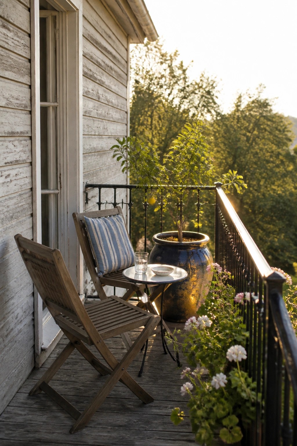 Two wooden folding chairs and a small round table on a weathered wooden balcony beside a large blue ceramic pot and flowering plants.